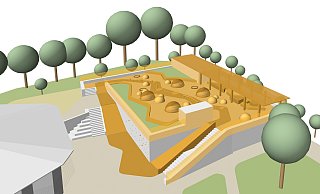 Der flächensparende Entwurf für die neue Sporthalle der Grundschule Stiftberg, der gleichzeitig den Vorgaben des Denkmalschutzes genügt, wurde jetzt im Schulausschuss vorgestellt. - brewittarchitektur+ANNABAU