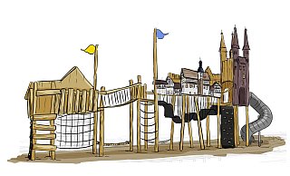 Kirchtürme und Rathaus: Auf dem Mittelalter-Spielplatz am Wall findet man markante Höxteraner Gebäude wieder. - Zeichnung: SIK Holzgestaltungs GmbH Niedergörsdorf