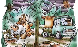 So stellt sich der Zeichner die Szene vor, in der Fritz Pleitgen und ein Schulkollege in einer Nacht- und Nebelaktion ein paar Weihnachtsbäume im nahen Wiehengebirge klauten. Im alten Lieferwagen wartet der Fluchtfahrer und geistige Vater der Aktion. Zeichnung: Heinrich Schwarze-Blanke, HSB-Cartoon - Zeichnung: HSB-Cartoon