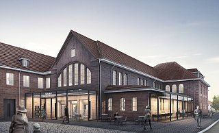 Der Bahnnhof soll zum Dritten Ort umgebaut werden, wo sich alle Löhnerinnen und treffen. Diese Visualiserung zeigt, wie das Gebäude nach dem Umbau aussehen könnte. - Baulampe Architekten