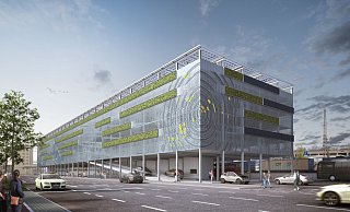 So stellen sich die Planer das neue Parkhaus vor. Auf dem Dach sowie in der obersten Reihe auf der Südseite zu den Gleisen hin werden Photovoltaikelemente installiert. - Visualisierung: ASP