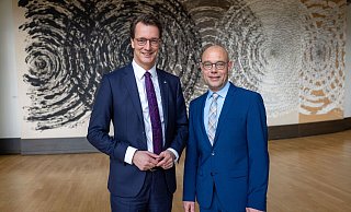 Ministerpräsident Hendrik Wüst (l.) und Landratskandidat Jörg-Michael Schrader. - CDU-Kreisverband Minden-Lübbecke