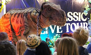 Mit dem großen T-Rex können die Kinder auch auf Tuchfühlung gehen. - Jurassic Live Tour