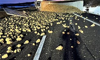 Die Rüben verteilten sich großflächig auf der Fahrbahn der A44 bei Warburg. - FFW Diemelstadt