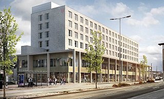 So soll der zukünftige Paderborner Hauptbahnhof aussehen. Im Erdgeschoss sind die Geschäfte ansässig. - Visualisierung PB 1/Bremer AG