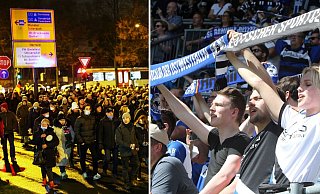 Während die Lichterpsaziergänger mit ihrer Demo die Innenstadt umkreisen, reisen die Arminia-Fans zum wichtigen Spiel ins Stadion an. - NW / Wolfgang Rudolf