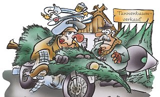 Auf diese Weise wollte vor vielen Jahren ein leicht angeschickerter Kunde seinen Baum abtransportieren. - HSB-Cartoon