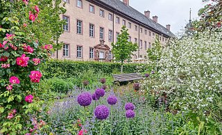 Der Blick auf Schloss Corvey bei Höxter, eingerahmt von Rosen und Schleierkraut. - Huxarium-Gartenpark