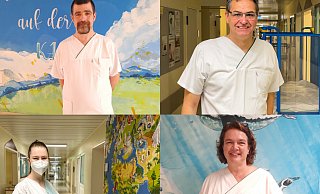 Die Helfenden (im Uhrzeigersinn von links oben) Steven Burke (ausgebildeter Pflegefachassistent und Rettungssanitäter), Peter Liese (ehemaliger Assistenzarzt der Kinderklinik und Mitglied des Europaparlaments), Helga Hermbusche (Medizinische Fachangestellte) und Jennifer Niggemann (Studentin, Freiwillige auf der Kinderstation 2). - St.-Vincenz-Kliniken