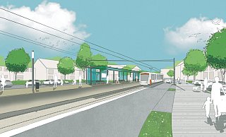 Die künftige Endhaltestelle Alsterweg hat zwei Gleise, aber keine Wendeschleife. Die Autos fahren links und rechts dran vorbei. - Büro Scape