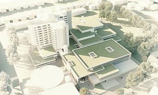 Das Klinikum-Gelände von oben, wie es einmal aussehen soll. - Klinikum Bielefeld, Visualisierung: HDR Germany