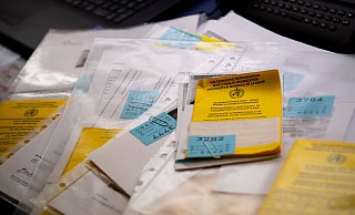 Zahlreiche Impfpässe liegen in einer Apotheke in einem Büro auf einem Tisch. Die gibt es offenbar auch auf Parkplätzen im Kreisgebiet günstig zu kaufen. - Sven Hoppe