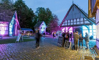 Aus Anlass der „Nachtansichten 2022" präsentierte sich das Bauernhaus Museum in ungewohnter Farbigkeit. - Barbara Meinhardt