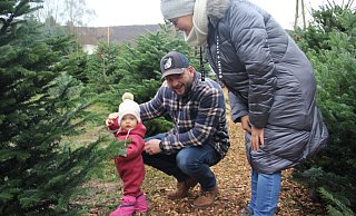 Auch mit einem Jahr berät Stina ihre Eltern Jördis und Patrick Knoche schon beim Weihnachsbaumkauf. - Andreas Jürgensmeyer