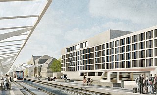 Offen zu den Bahnsteigen hin: Die Rückseite des neuen Intercity Hotels am Hauptbahnhof. - „raumwerk / GBI Holding AG“