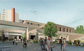So wird künftig der Eingangsbereich des Klinikums Bielefeld an der Teutoburger Straße aussehen. Links die neue Eingangshalle, rechts daneben der dreigeschossige Neubaus des neuen Notfall- und Intensivmedizinischen Zentrums. Über die Rampe erreichen Rettungsfahrzeuge die Notaufnahme. Darunter eine überdachte Zufahrt für Krankentransporte und Patienten. - Visualisierung: Klinikum Bielefeld So wird künftig der Eingangsbereich des Klinikums Bielefeld an der Teutoburger Straße aussehen. Links die neue Eingangshalle, rechts daneben der dreigeschossige Neubaus des neuen Notfall- und Intensivmedizinischen Zentrums. Über die Rampe erreichen Rettungsfahrzeuge die Notaufnahme. Darunter eine überdachte Zufahrt für Krankentransporte und Patienten. - Visualisierung: Klinikum Bielefeld