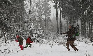 Eine Familie macht im Wald in Winterberg eine Schneeballschlacht. - Sascha Thelen