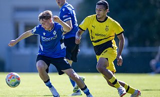 Arminias Tom Krüger wird von Dortmunds Paris Josua Brunner während des Spiels der A-Junioren Bundesliga West attackiert. - Thomas F. Starke Arminias Tom Krüger wird von Dortmunds Paris Josua Brunner während des Spiels der A-Junioren Bundesliga West attackiert. - Thomas F. Starke