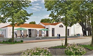 So soll das neue Pfarrheim in Hövelhof an der Schloßstraße aussehen. Mit einer Außengastronomie wäre es einzigartig in der Region. - AWS Architekten (Visualisierung)