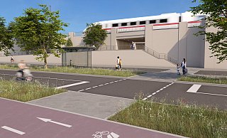So könnte die Kanalstraße mit Radschnellweg nach dem Umbau in Höhe des künftigen Fernbusbahnhofs mit dem Fußgängerrtunnel unter der Bahn hindurch aussehen. - Stadt Bad Oeynhausen