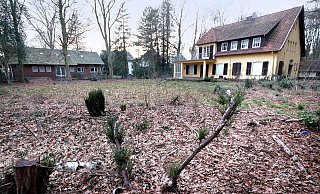 Das Gras wuchert, der Boden ist übersät mit braunen Blättern. Die alte, gelbe Wirus-Villa (rechts) und der rote Luxus-Bungalow stehen seit einigen Monaten leer. - Andreas Frücht