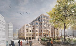 So soll das Stadthaus am Marienplatz künftig aussehen. Ein Detail, das sich gegenüber der vorherigen Planung hier verändert hat: Auf zusätzliche Prallscheiben an den Fenstern wird verzichtet, weil die keinen energetischen Nutzen haben. - Illustration: Behet-Bondzio-Lin/Stadt Paderborn