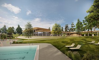 Der Entwurf des neuen Warburger Waldbades. Terrassen und ein überdachter Bereich bieten Liegestühlen und Gastronomie Platz. - Architekturbüro Krieger