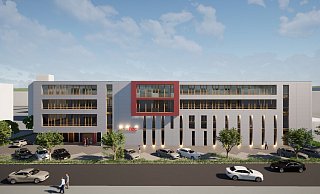 So wird sich Neubau der Paderborner Firma Janz Tec AG im Dörener Feld nach seiner Fertigstellung von der Straßenseite aus präsentieren. - Bremer AG