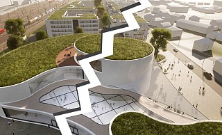 Das OWL-Forum am Alten Güterbahnhof bei Nacht. Die Skizze soll die Größenordnungen verdeutlichen. - Drees & Sommer/Stadt Herford