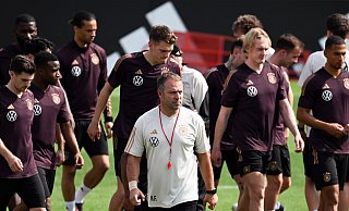 Für Bundestrainer Hansi Flick (Mitte) und seine Nationalspieler beginnt mit dem Spiel gegen Japan die Fußball-WM. Wie die DFB-Elf abschneidet und wie viele Fans das Team vor den Fernseher locken wird, ist fraglich. - Federico Gambarini