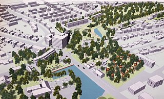 Verlängerung des Grünzugs, Neubauten und Wasser an der Oberfläche entlang der Schloßhofstraße stellen sich Stadtplanungs-Studenten vor. - Oliver Krato