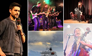 Nektarios Vlachopoulos, Dire Strats, Katie Freudenschuss, Ronja Maltzahn, Multivisionsshow "Norwegen mit dem Postschiff" - Collage: Felix Eisele