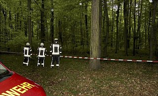 Am Absperrband der Polizei blicken Einsatzkräfte der Feuerwehr in das Waldstück bei Hümme, in dem die Trümmer des abgestürzten Segelflugzeugs liegen. Bei dem Absturz war am Sonntag ein 61-Jähriger aus Muddenhagen tödlich verletzt worden. - Bernd Schünemann / HNA