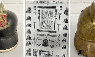 Ein Plakat zeigt Feuerwehr-Ausrüstungsgegenstände um das Jahr 1900. Die Steinheimer konnten aus einer Vielzahl von Helmen auswählen. - Stadtarchiv Steinheim