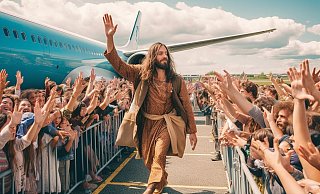 Jesus jubelt seiner Fangemeinde am Airport zu: Ein mit Künstlicher Intelligenz erzeugtes Beispiel aus der Ausstellung „KI in Kirche und Gesellschaft“. - Fraunhofer IEM / Midjourney