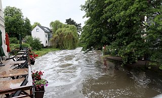 Hoher Pgelstand: So viel Wasser wie hier zwischen Radewiger Wehr und Radewiger Brücke hat die Aa seit langer Zeit nicht mehr geführt. - Frank-Michael Kiel-Steinkamp