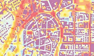 Die Karte vom Geoportal der Stadt Bielefeld zeigt die heißesten Punkte der City – und davon gibt es einige. Orange und Rot weisen eine „extreme Wärmebelastung“ aus, gelb bis hellblau zumindest noch eine starke. Blau bis Dunkelblau ist im Innenstadtbereich gar nicht zu sehen. - NW / Stadt Bielefeld