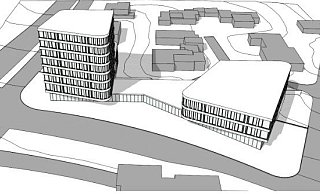 So sieht der erste Entwurf für das neue Forschungs- und Bürogebäude aus: Unten verläuft die Kurt-Schumacher-Straße, links die Voltmannstraße. - Stadt Bielefeld