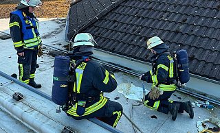Die Feuerwehr auf dem Dach der Grundschule. - FFW Brakel