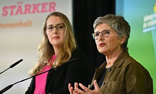 Die Fraktionsvorsitzenden der Grünen im Bundestag, Katharina Dröge und Britta Haßelmann, sprachen jetzt auch beim kleinen Parteitag der NRW-Grünen. - Martin Schutt
