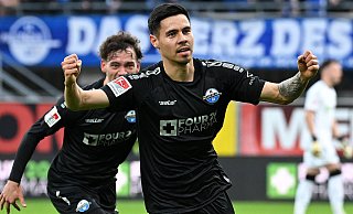 Raphael Obermair verbuchte in dieser Saison zehn Scorerpunkte. Hier jubelt der SCP-Akteur über seinen Freistoßtreffer im Heimspiel gegen Hertha. - Imago Images