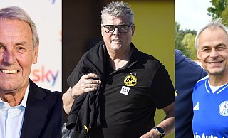 Jörg Wontorra (v.l.), Norbert Dickel und Olaf Thon stellen sich als erstes den Fragen des Publikums. - dpa/Uwe Caspar