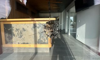 So wie diese Scheibe wurden weitere in Lübbecke durch Schüsse beschädigt. - Polizei Minden-Lübbecke