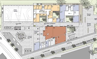 Die Ansicht zeigt das Erdgeschoss mit der Sporthalle links oben, dem Verwaltungstrakt und den Kunst- und Werkräumen rechts daneben. Südlich des zentralen Gangs liegt der Haupteingang mit Foyer, Mensa, der überdachten Mensaterrasse und dem Schulhof zur Werre hin. - Schlattmeier Architekten
