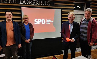 Die Espelkamper SPD hatte ihren Stadtparteitag bei Kaiser in Isenstedt. Für die Zukunft deutet sich eine veränderte Parteistruktur an. Auf dem Foto (v.l.n.r.) Vorsitzender Fabian Golanowsky, Petra Kaiser-Möllmann (Ratsmitglied), Achim Post (SPD-MdB) und Jens Bölk (Fraktionsvorsitzender). - Volker Knickmeyer Die Espelkamper SPD hatte ihren Stadtparteitag bei Kaiser in Isenstedt. Für die Zukunft deutet sich eine veränderte Parteistruktur an. Auf dem Foto (v.l.n.r.) Vorsitzender Fabian Golanowsky, Petra Kaiser-Möllmann (Ratsmitglied), Achim Post (SPD-MdB) und Jens Bölk (Fraktionsvorsitzender). - Volker Knickmeyer