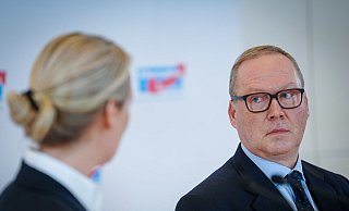Max Otte, Vorsitzender der Werteunion und CDU-Parteimitglied, nimmt an einer Pressekonferenz der AfD mit der Fraktionsvorsitzenden Alice Weidel teil. - picture alliance/dpa