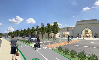Die Einmündung der Herforder Straße auf die Mindener Straße ist ein zentraler Punkt der Planung. Hier teilt sich der Radschnellweg, der aus Richtung Westen kommend bis dahin nur auf der Nordseite geführt wurde, auf beide Straßenseiten auf. Optimistisch ist in der Visualisierung auch schon das E-Center auf dem Fuhrken-Gelände realisiert. Visualisierungen: L. Schumacher/Stadt Bad Oeynhausen - Stadt Bad Oeynhausen