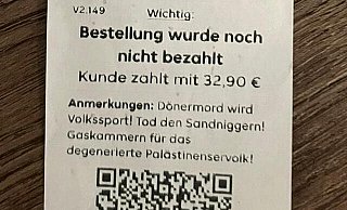 Islamfeindliche Hassbotschaften auf einem Lieferando-Kassenbon vom 2. Februar 2024. - Stefan Becker