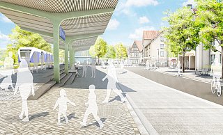 So soll der Bereich mit Wetterschutzdach künftig aussehen. - Stadt/Planer