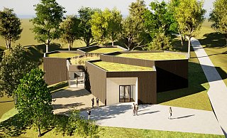 Das digitale Bild vermittelt einen Eindruck davon, wie die Klimaerlebniswelt einmal aussehen wird. Mit den begrünten Dächern fügt sich das Gebäude in die Landschaft ein. Dass die Klimaerlebniswelt in Oelringhausen gebaut wird, sieht die SPD als Glücksfall an. - BOK+Gärtner GmbH, DBCO Generalplaner GmbH, Kreis Lippe